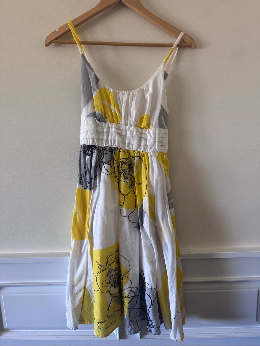 Maeve Anthropologie- White Dress with YellowFloral Trim